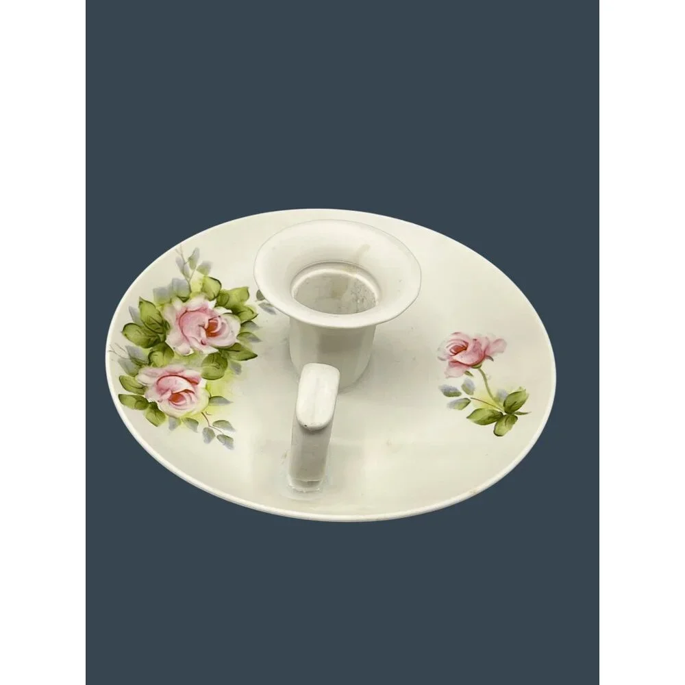 Vtg Hand-Painted Floral Porcelain Chamberstick Candle Holder Cottage Shabby Chic